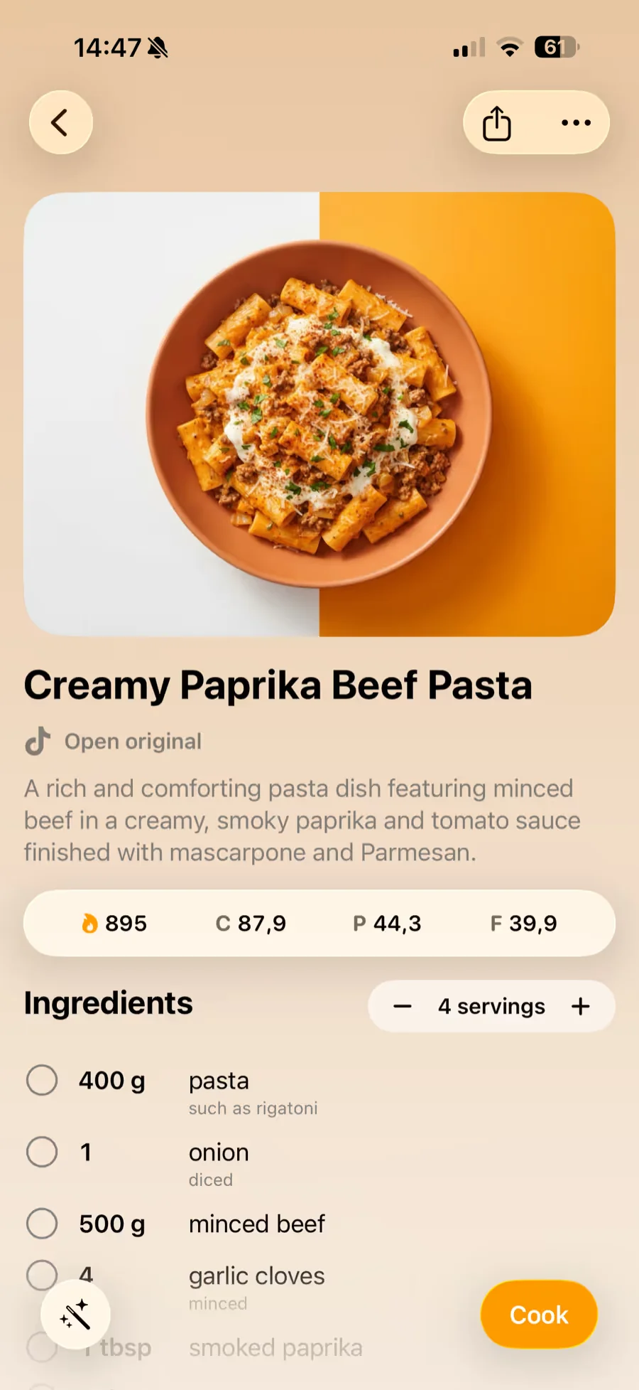 Plateful recipe screen showing Creamy Paprika Beef Pasta